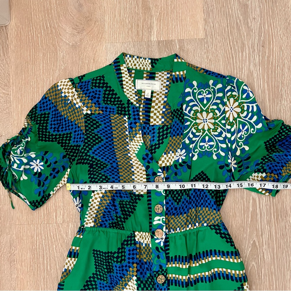 Anthropologie- Moulinette Soeurs Vibrant Green Blue Puff Sleeve Dress- Size 2 - Picture 5 of 8